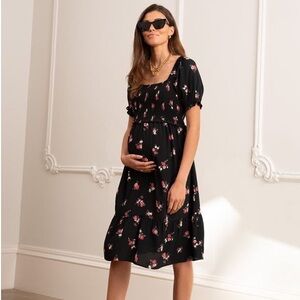 Seraphine Black Floral Shirred Maternity & Nursing Dress